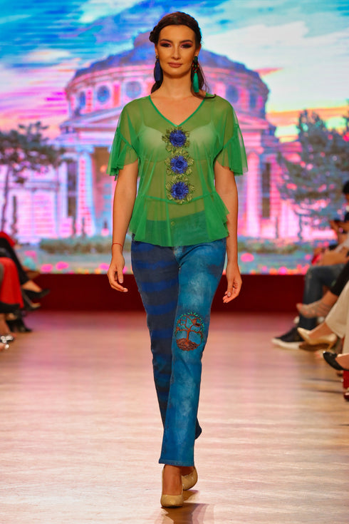 Bluza tul verde cu broderie I-62